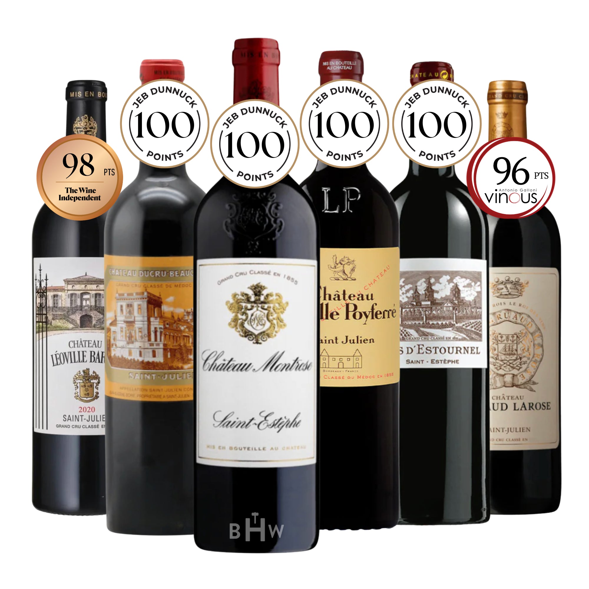 A lineup of six premium Bordeaux red wine bottles representing the "Super Second Growths," showcasing high critical acclaim. From left to right, the bottles include Château Léoville Barton (98 pts), Château Ducru-Beaucaillou (100 pts), Château Montrose (100 pts), Château Léoville Poyferré (100 pts), Château Cos d'Estournel (100 pts), and Château Gruaud Larose (96 pts). The labels feature classic estate illustrations and gold crests, emphasizing their Grand Cru Classé status. Curated by Big Hammer Wines.