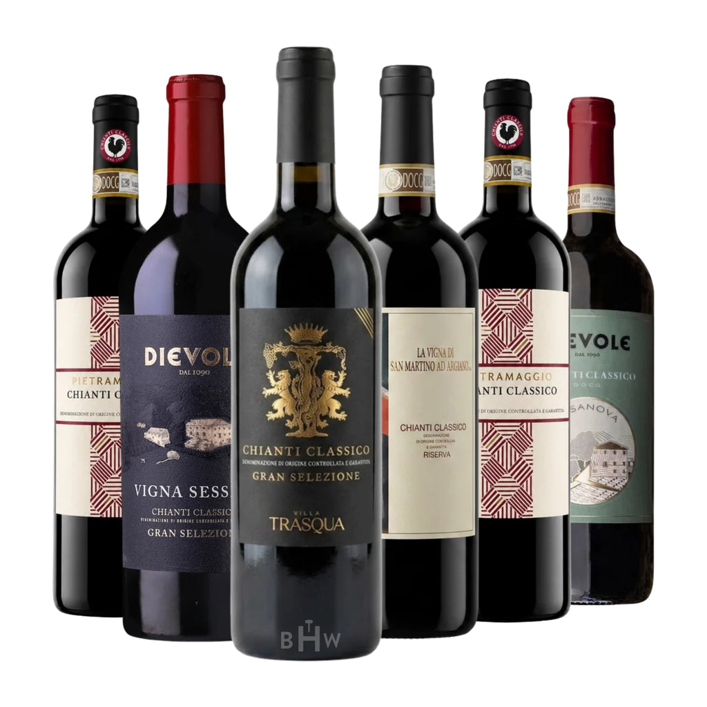The Chianti Experience 6pk Sampler featuring six 750ml bottles of Italian red wine, curated by Big Hammer Wines.