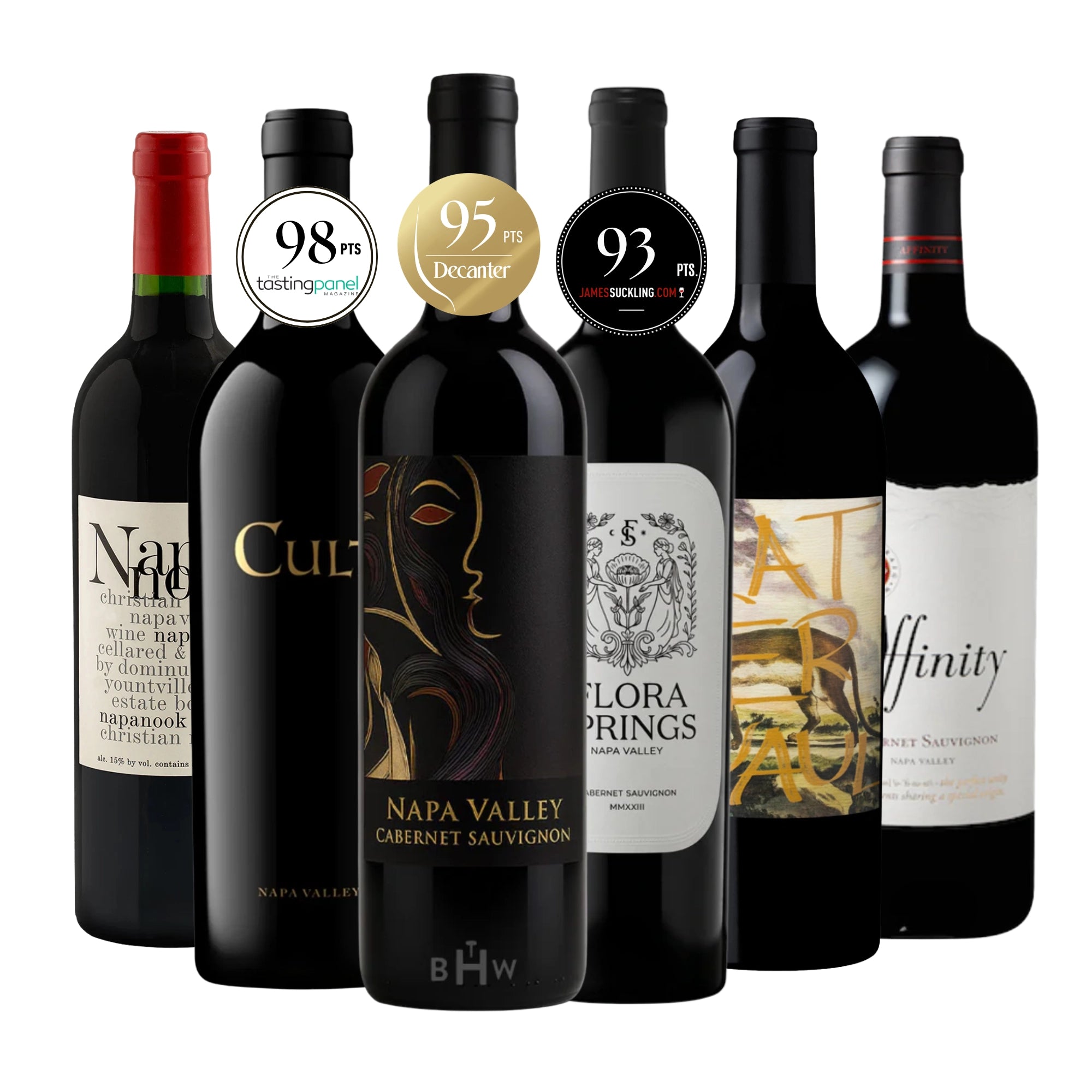 An elite collection of six premium Napa Valley Cabernet Sauvignon bottles, featuring notable high-scoring critic badges including 98 points from The Tasting Panel and 95 points from Decanter, curated by big hammer wines.