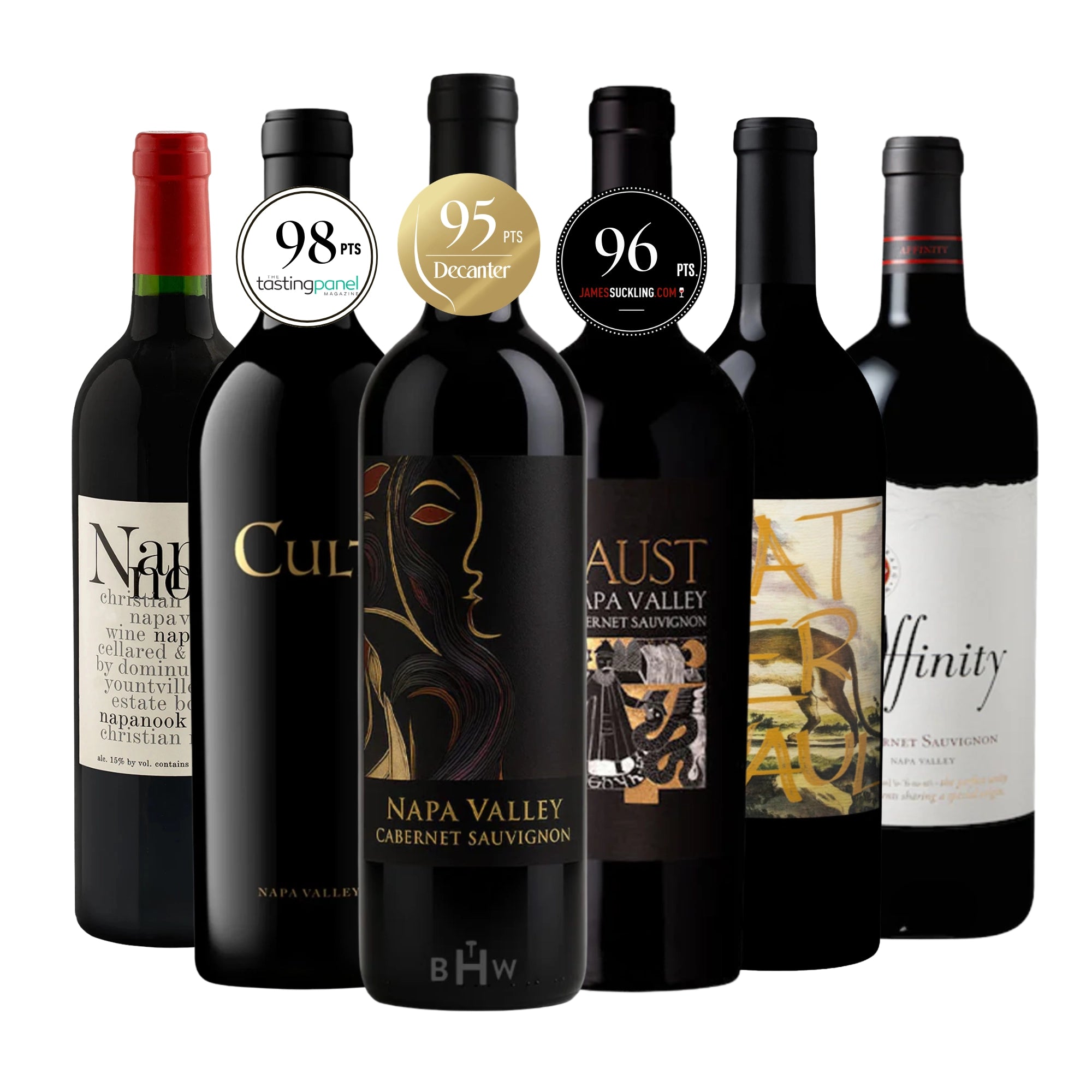 An elite collection of six premium Napa Valley Cabernet Sauvignon bottles, featuring notable high-scoring critic badges including 98 points from The Tasting Panel and 95 points from Decanter, curated by Big Hammer Wines.