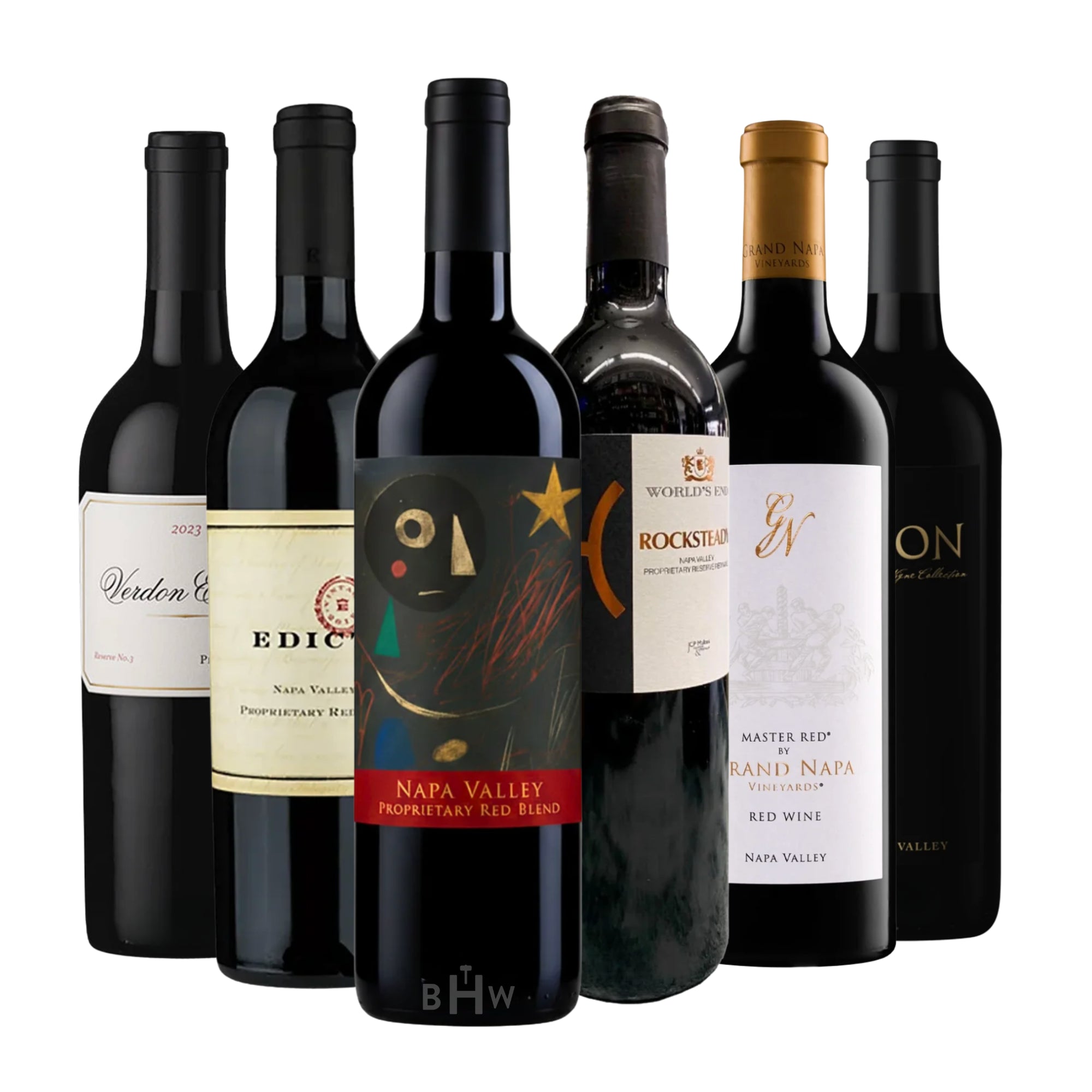 A 6-pack sampler of premium Napa Valley red blends. The collection features a variety of proprietary red wines, including labels from Verdon Estate, Edict, World's End "Rocksteady," and Grand Napa Vineyards "Master Red." The centerpiece bottle features an abstract art label with a red banner reading "Napa Valley Proprietary Red Blend." Curated by Big Hammer Wines.