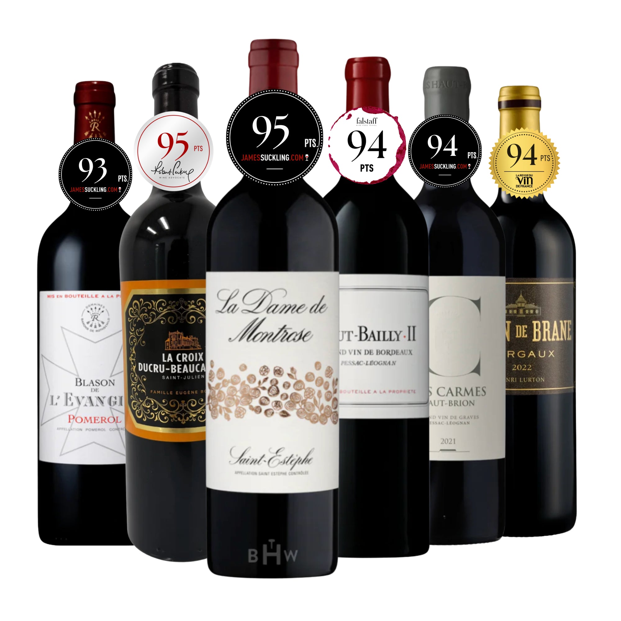 A professional lineup of six prestigious "second wines" from top Bordeaux estates, showcased with high-score medallions against a white background. The collection features "La Dame de Montrose" (95 pts James Suckling), "La Croix Ducru-Beaucaillou" (95 pts Robert Parker), "Haut-Bailly II," "Le Blason de L'Évangile," "Les Carmes Haut-Brion," and "Baron de Brane." This sampler offers elite quality from famous châteaux in Saint-Estèphe, Saint-Julien, Pomerol, and Margaux. Curated by Big Hammer Wines.