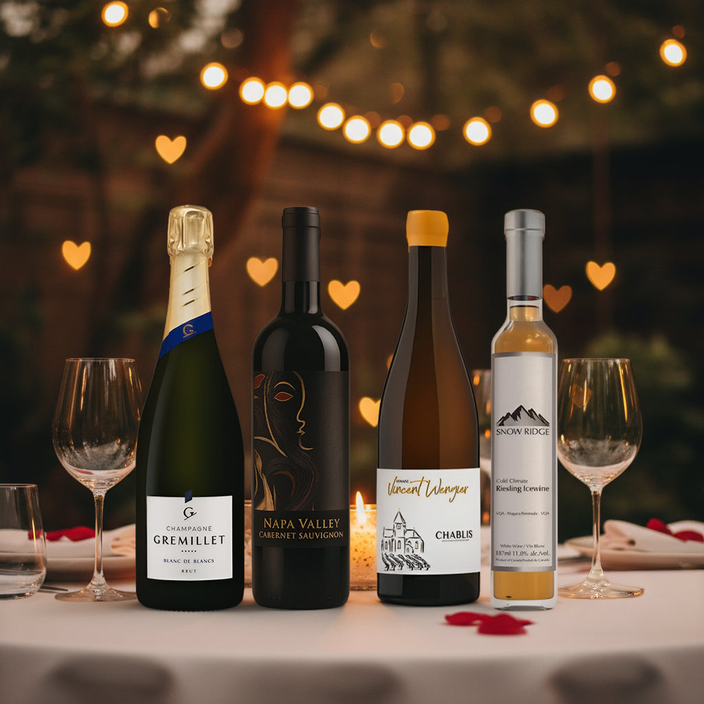 Skip the restaurant Valentine’s Day wine set with Champagne Gremillet Blanc de Blancs, Napa Valley Cabernet Sauvignon, Vincent Wenger Chablis, and Snow Ridge Riesling Icewine, 750ml bottles