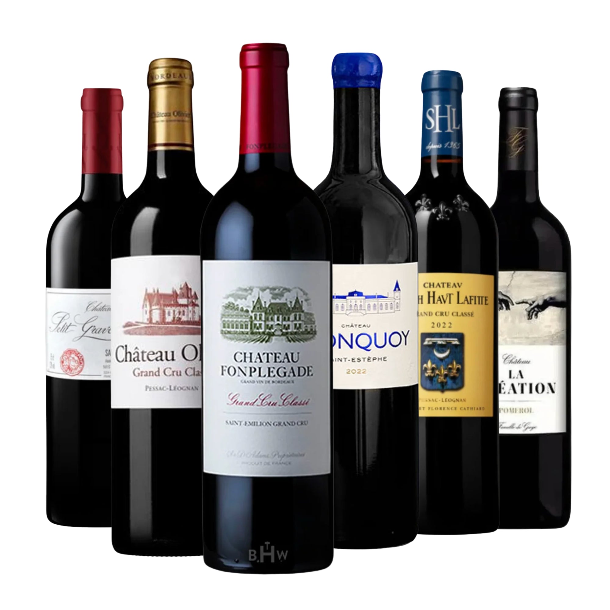 A professional product shot of The Ultimate Bordeaux Battle: Left vs. Right Bank 6-Pack featuring a curated selection of six premium red wines from Bordeaux’s most famous regions. The lineup includes Chateau Petit Grave, Château Olivier (Pessac-Léognan), Château Fonplégade (Saint-Émilion Grand Cru), Château Tronquoy (Saint-Estèphe), Château Smith Haut Lafitte (Pessac-Léognan) with its signature yellow label, and Château La Création (Pomerol), all curated by Big Hammer Wines.