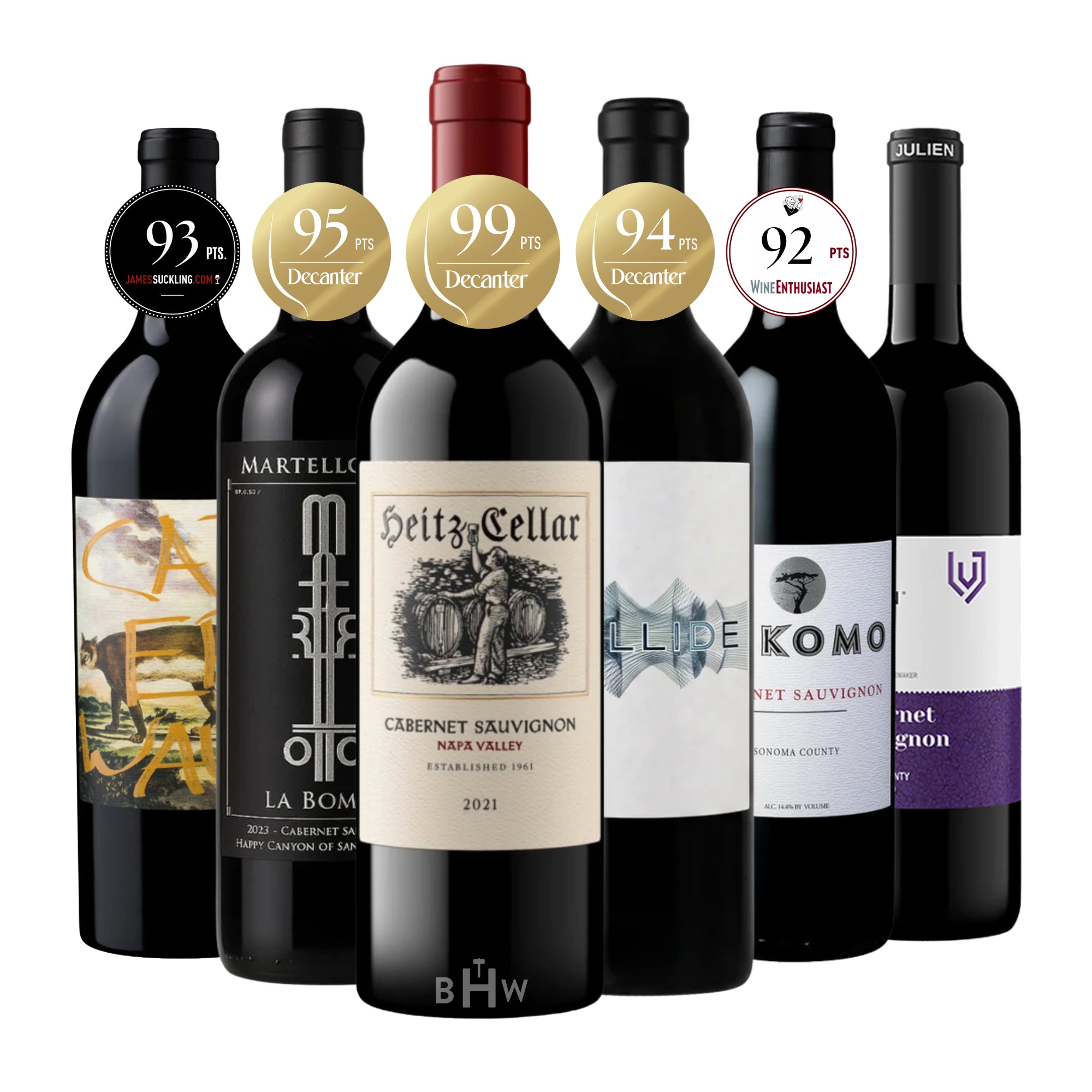 A 6-bottle sampler set of premium American Cabernet Sauvignon wines with top critical score badges, curated by Big Hammer Wines.