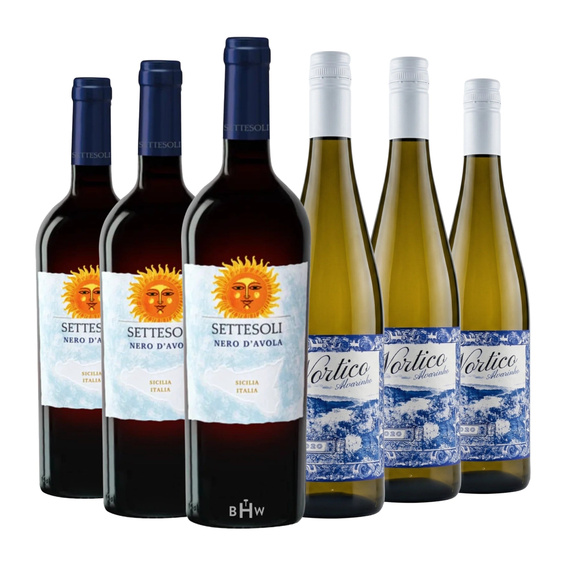“I’ll Bring the Wine” Mixed 6-Pack with three bottles of Settesoli Nero d’Avola red wine and three bottles of Vortico Alvarinho white wine, 750ml each, from Italy and Portugal.
