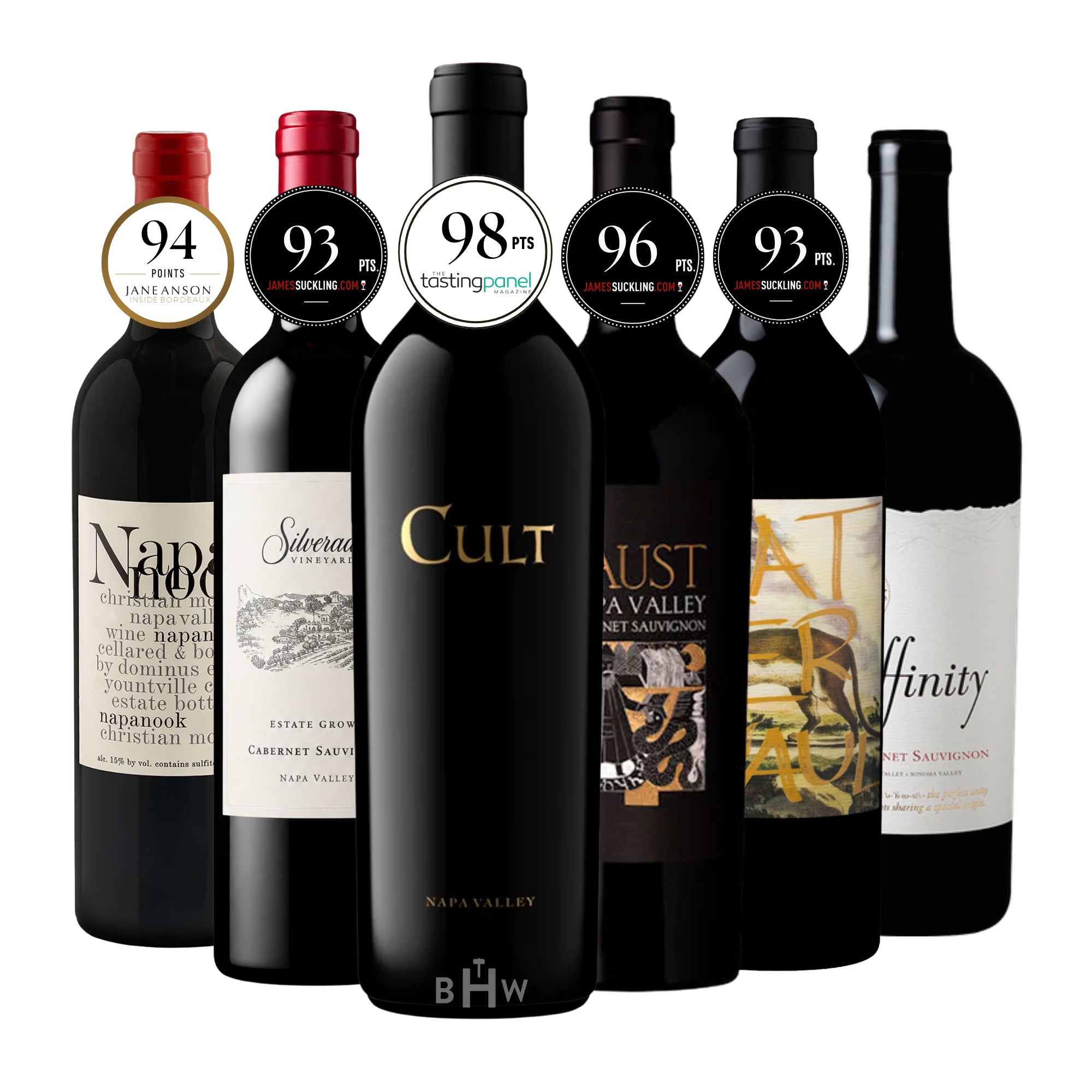 An elite collection of six premium Napa Valley Cabernet Sauvignon bottles, featuring notable high-scoring critic badges including 98 points from The Tasting Panel and 96 points from James Suckling, curated by Big Hammer Wines.