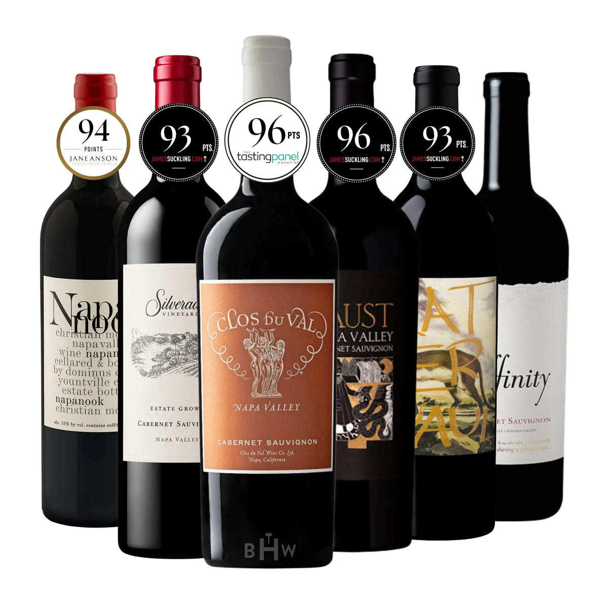 An elite collection of six premium Napa Valley Casbernet Sauvignon bottles, featuring notable high-scoring critic badges including 96 points from The Tasting Panel and 96 points from James Suckling, curated by Big Hammer Wines.