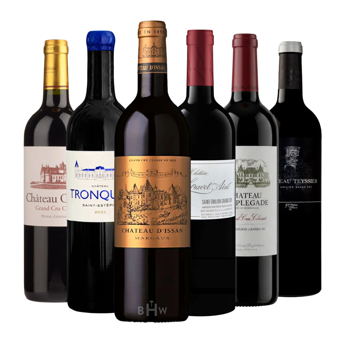 A professional product shot of The Ultimate Bordeaux Battle: Left vs. Right Bank 6-Pack featuring a curated selection of six premium red wines from Bordeaux’s most famous regions. 