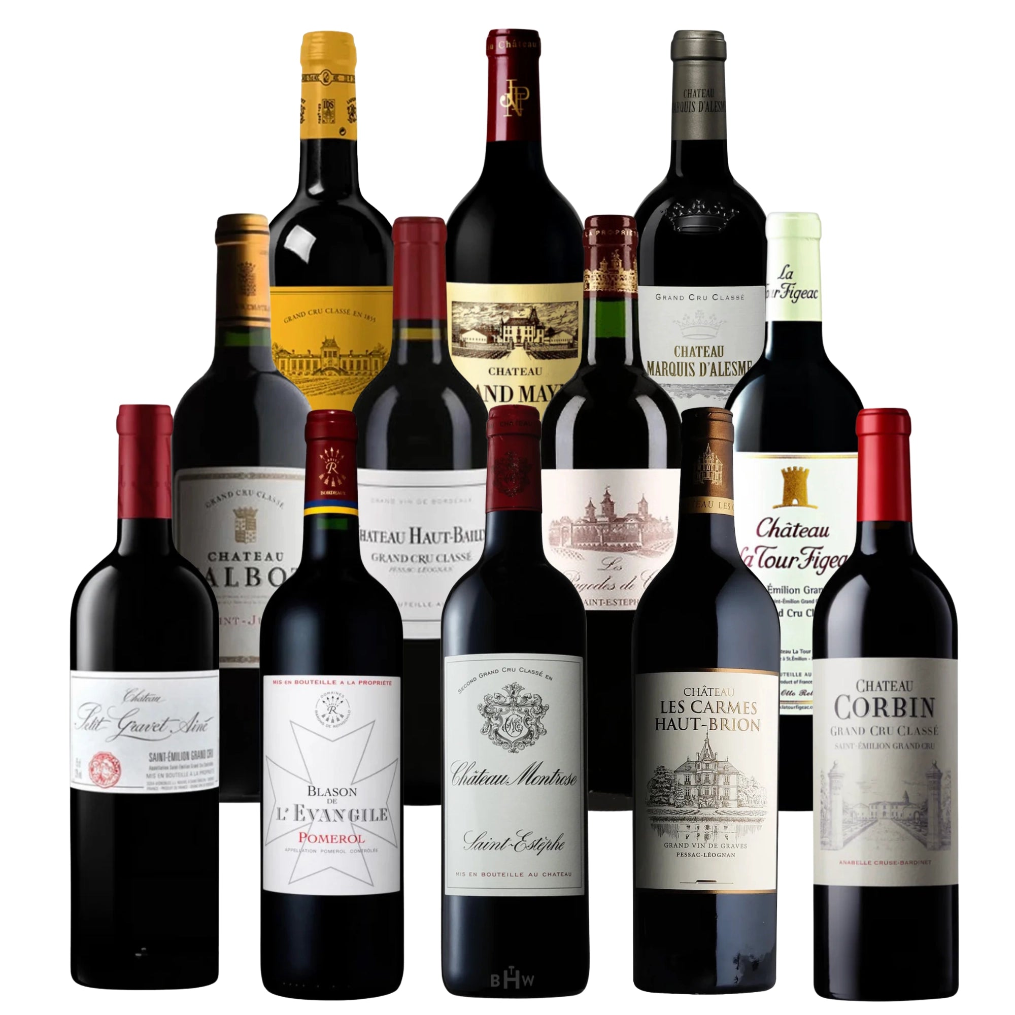 Top 12 Bordeaux Wines 12-Pack featuring Château Montrose, Château Les Carmes Haut-Brion, Château Haut-Bailly, Château Talbot, Château Corbin, and Blason de l’Évangile, 12x750ml