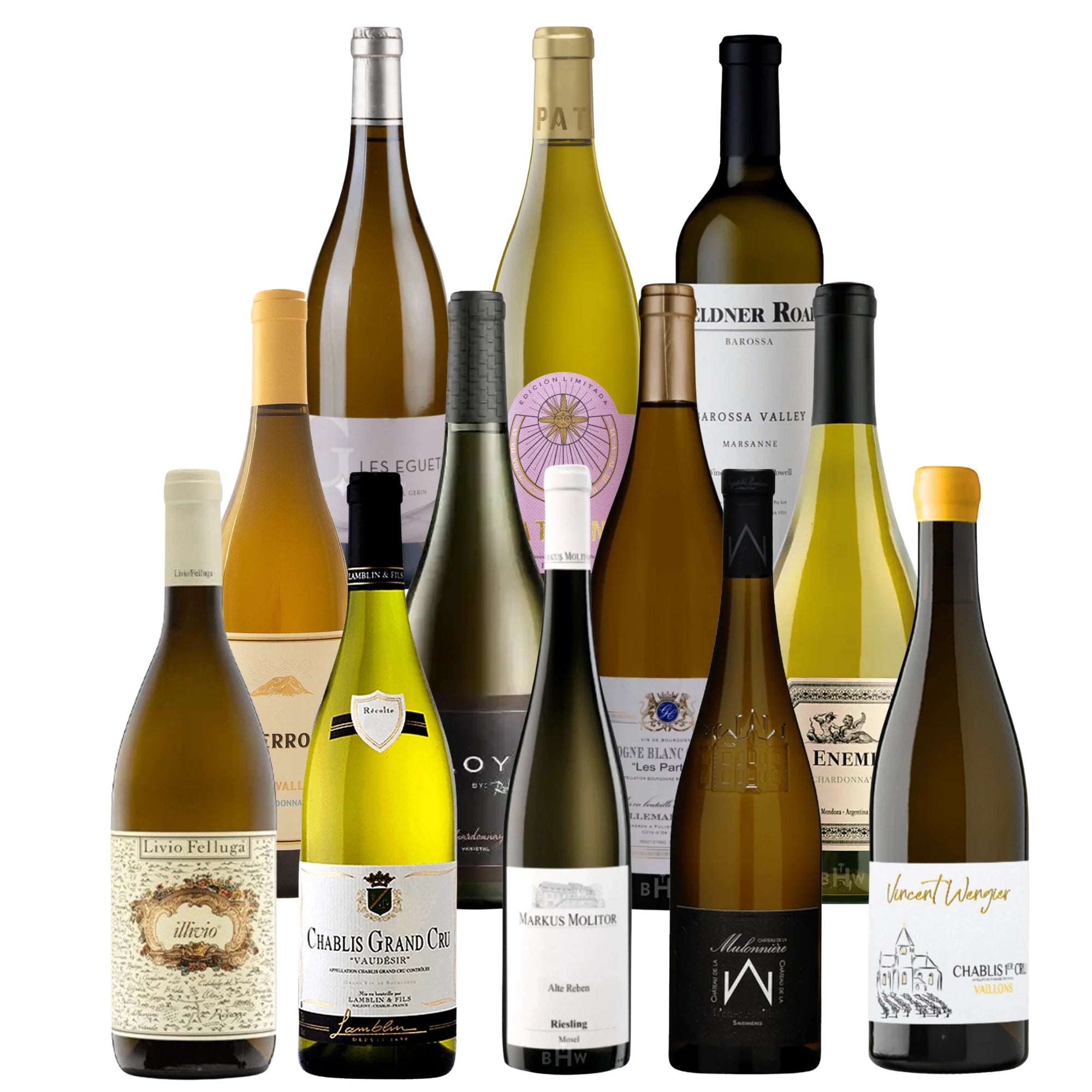 Top 12 White Wines at Big Hammer Wines featuring Chablis Grand Cru, Mosel Riesling, Napa Valley Chardonnay, Barossa Marsanne, and premium international whites 12x750ml