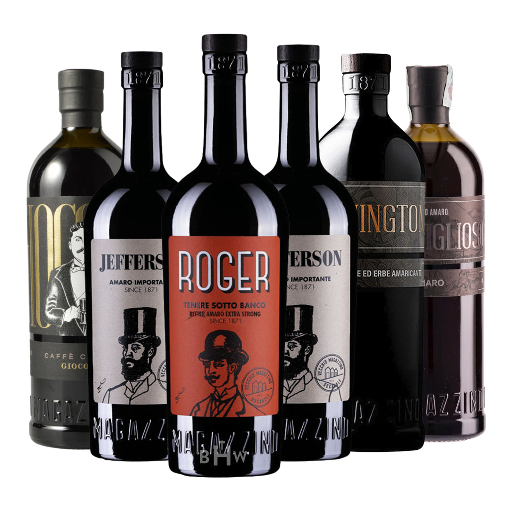 A six-pack collection of Vecchio Magazzino Amaro 750ml bottles, including Jefferson, Roger, and other varieties, curated by Big Hammer Wines.