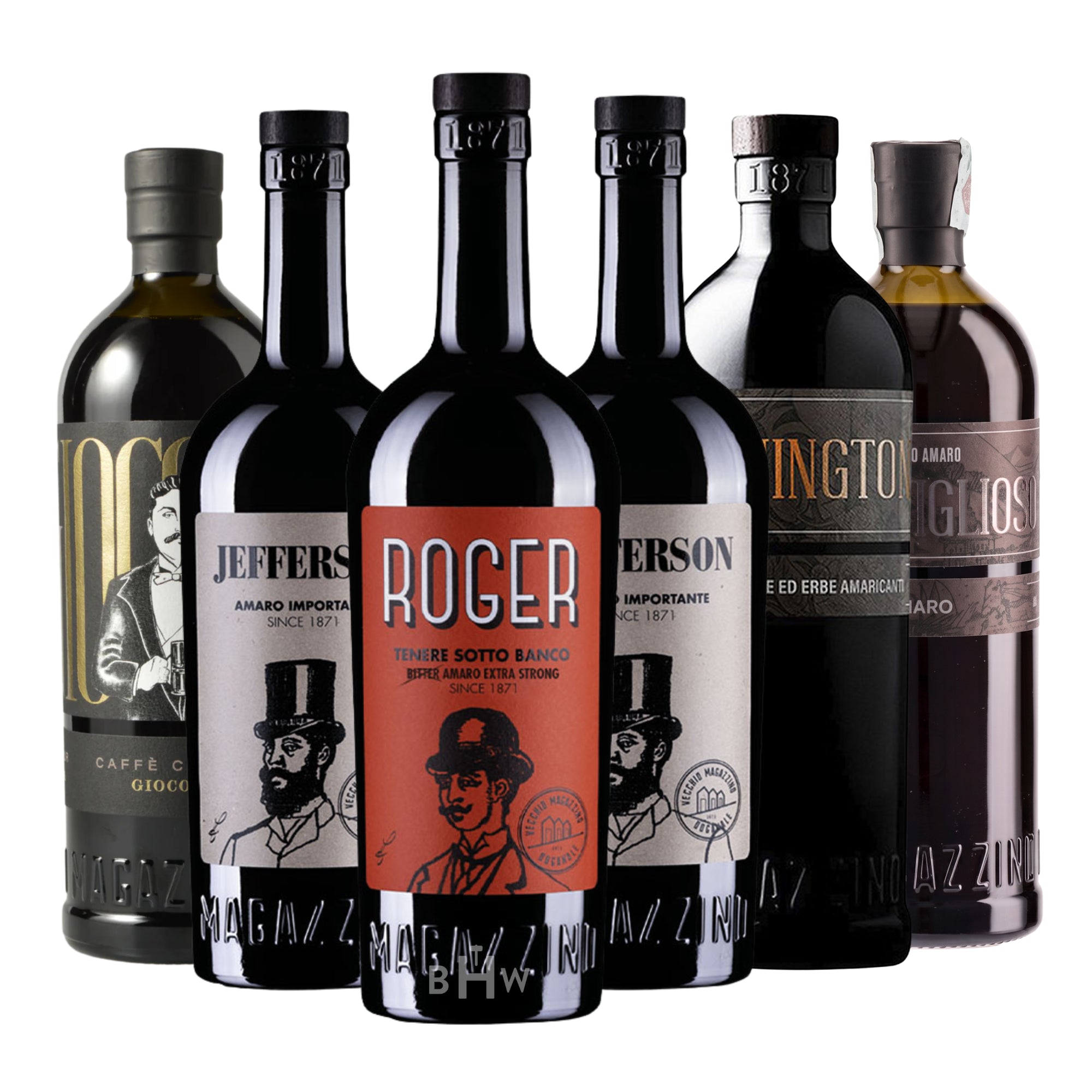 A six-pack collection of Vecchio Magazzino Amaro 750ml bottles, including Jefferson, Roger, and other varieties, curated by Big Hammer Wines.