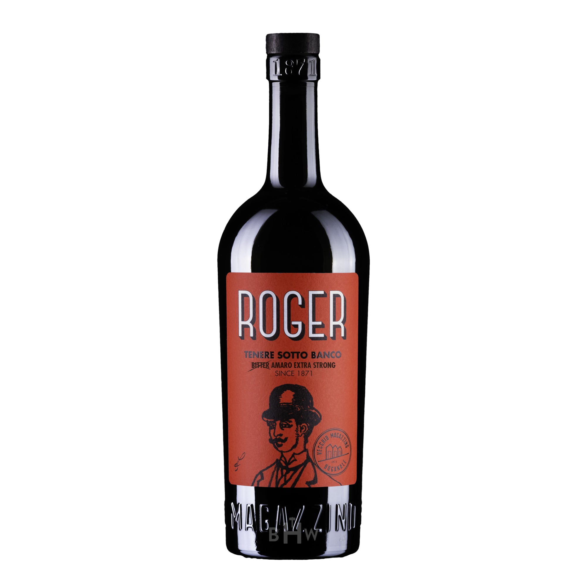 One bottle of Vecchio Magazzino Doganale 'Roger' Bitter Amaro Extra Strong NV liqueur with a reddish-brown label featuring a man in a bowler hat, curated by Big Hammer Wines