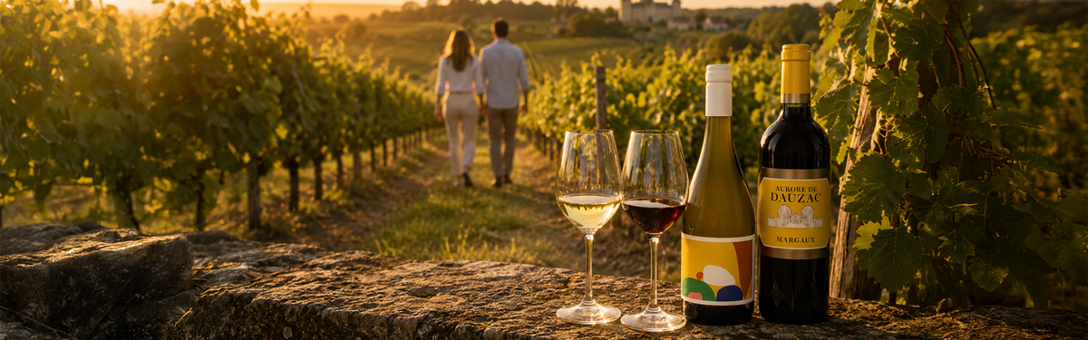 Two bottles of vegan wine with filled glasses resting on a stone ledge as a couple walks through a vineyard at sunset.