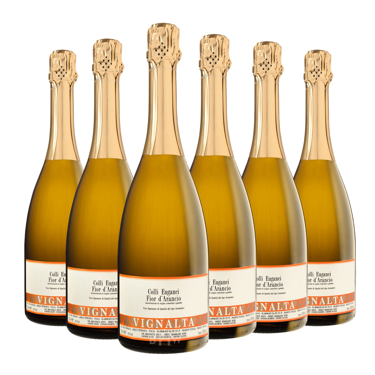 Six bottles of Vignalta 'Fior d'Arancio' Colli Euganei Moscato Spumante sparkling wine. Curated by Big Hammer Wines.