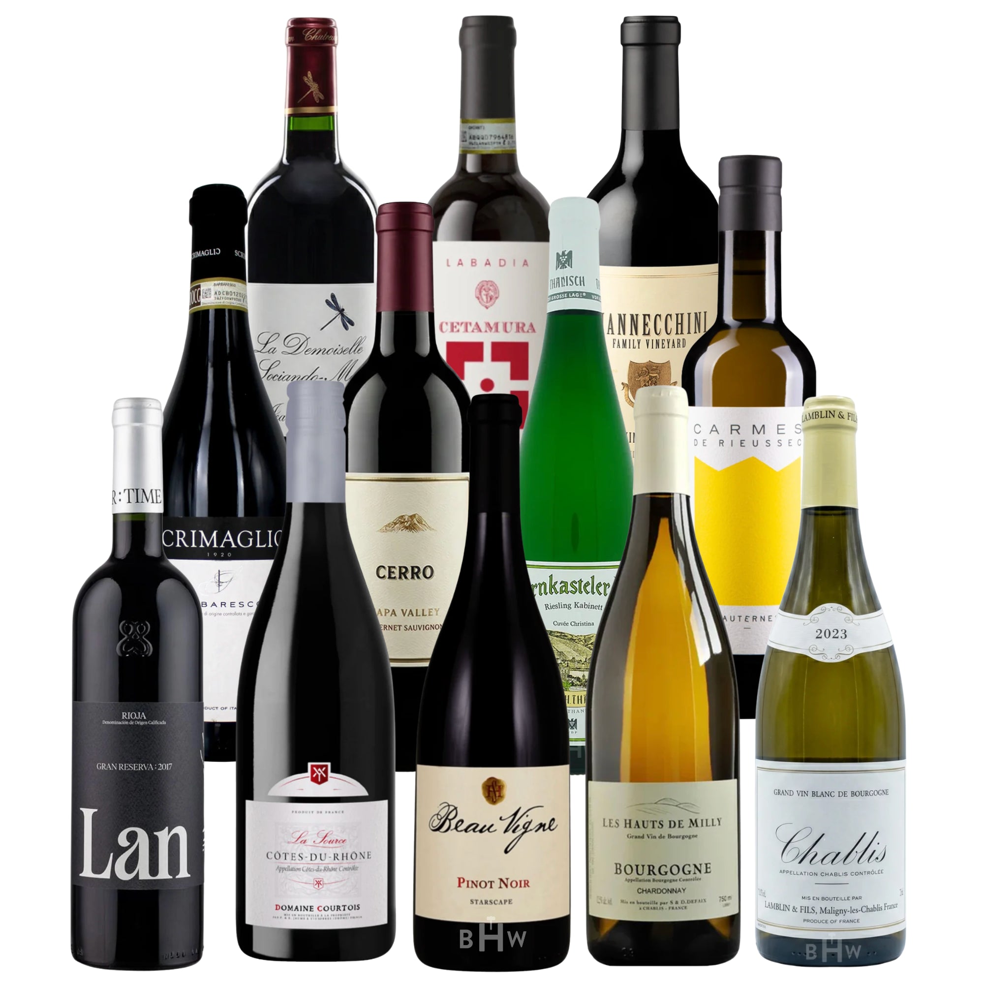 An extensive educational collection of 12 wine bottles from major global regions, arranged in a tiered professional display on a white background. This WSET Level 3 study set includes a diverse range of styles such as "Lan" Rioja Gran Reserva, "Chablis" by Lamblin & Fils, "Bourgogne" Chardonnay from Les Hauts de Milly, "Beau Vigne" Pinot Noir, and "Carmes de Rieussec" Sauternes. The assortment features classic varieties from France, Italy, Spain, Germany, and California, designed to showcase regional typici
