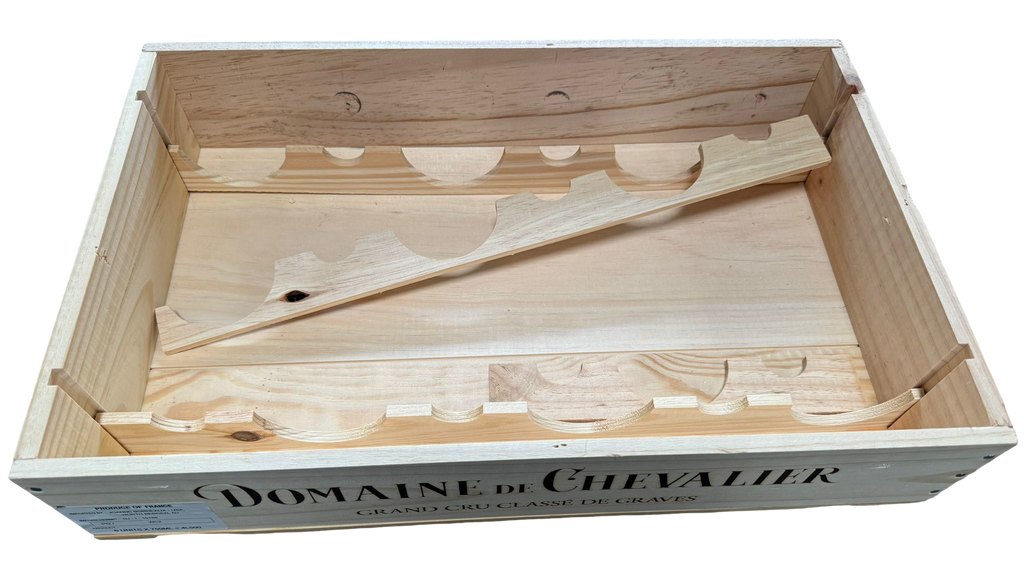 Domaine de Chevalier original wood wine case, flat 6-bottle box with neck dividers