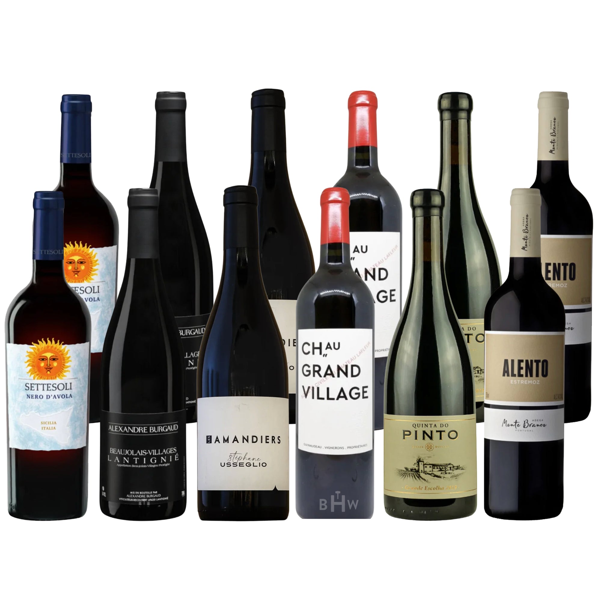 A 12-bottle "Wine Case of the Month" collection featuring six distinct pairs of red wines arranged in two rows. The selection includes Settesoli Nero d’Avola with its signature sun graphic, Alexandre Burgaud Beaujolais-Villages Lantignié, Les Amandiers by Stéphane Usseglio, Château Grand Village with a red foil capsule, Quinta do Pinto Grande Escolha featuring a scenic estate illustration, and Alento Estremoz from Portugal. Each bottle is shown with its matching pair standing directly behind it against a cl