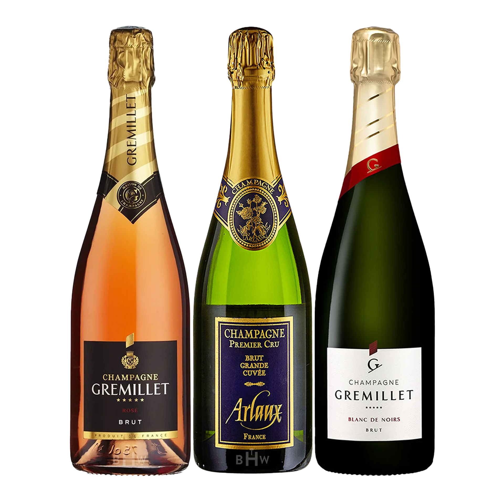 Three bottles of champagne from different brands on a white background