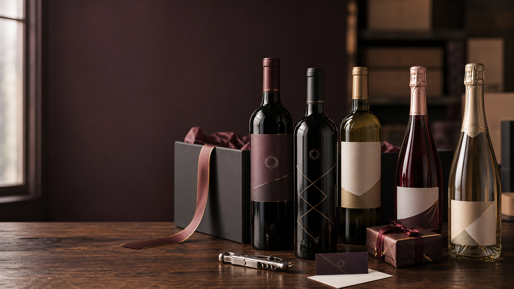 Premium corporate wine gifts with bottles, gift box, corkscrew and custom presentation
