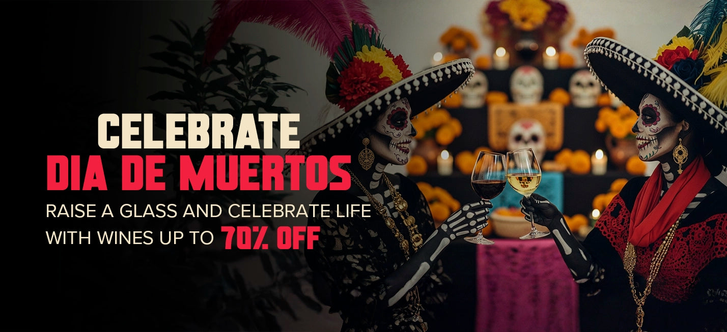 Two skeletons in colorful hats toasting with wine glasses against a dark background with text about Dia de Muertos celebrations.