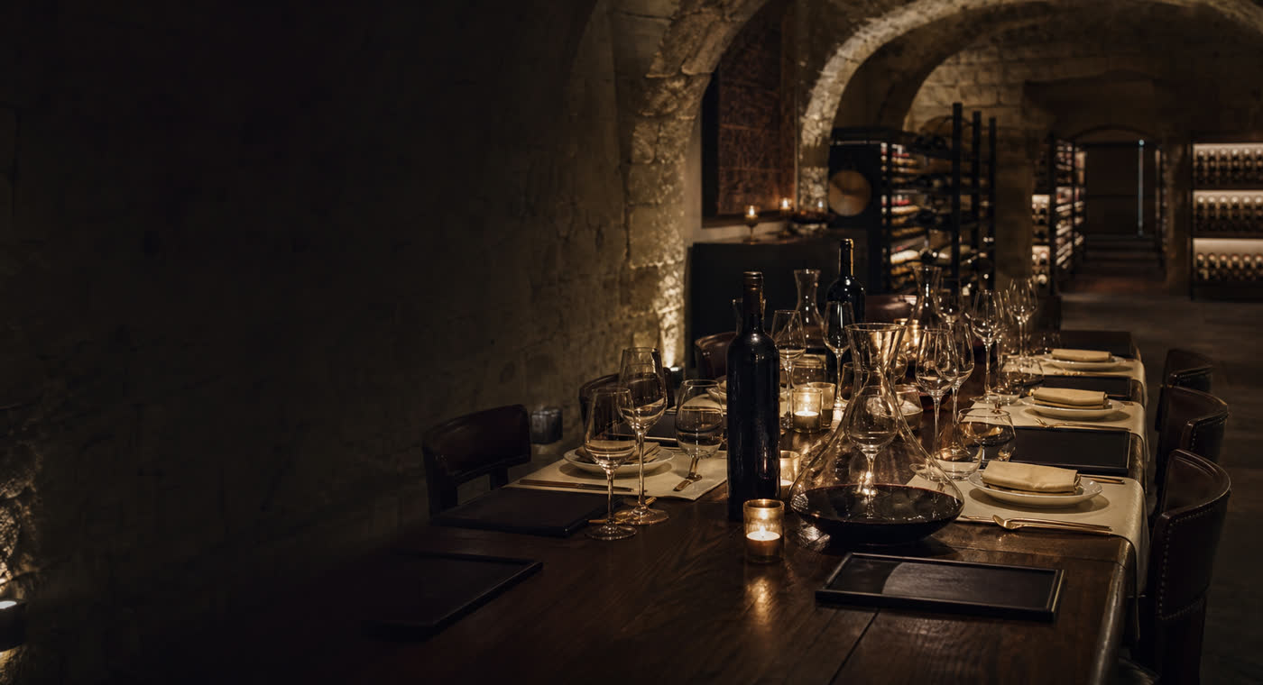 A candlelit private dining table inside a European wine cellar